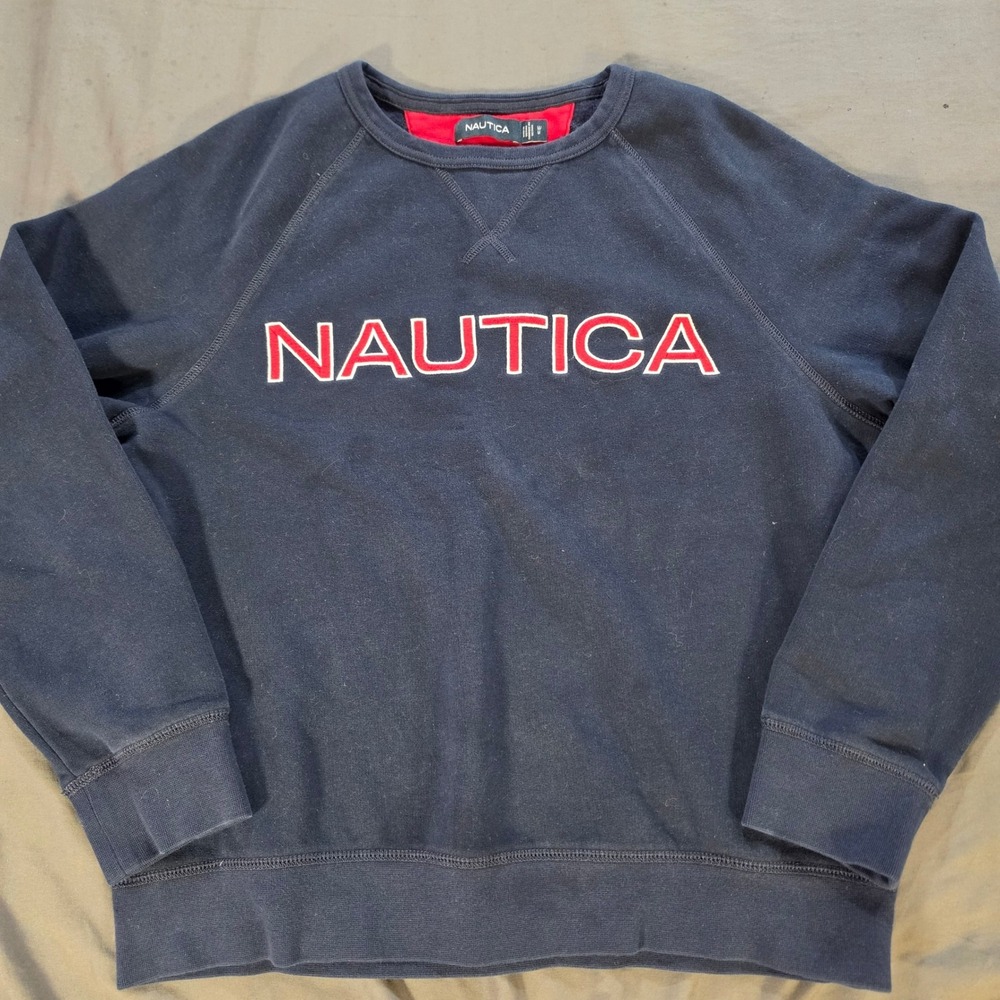 Nautica Mens Navy Blue Embroidered Spellout Logo Crewneck Sweatshirt Medium Vtg